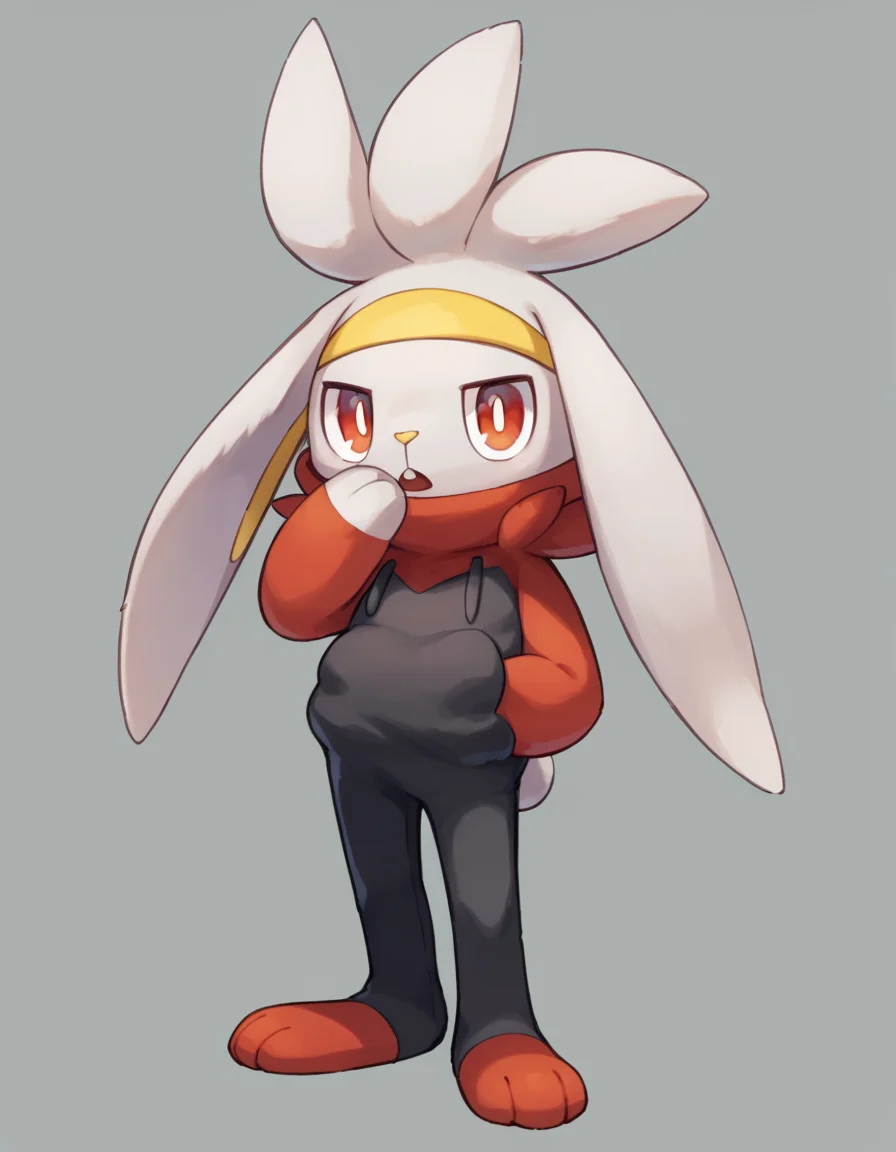 score_9, score_8_up, score_7_up, score_6_up, score_5_up, score_4_up, 1girl, full body, solo,
<lora:Raboot_v0-3:1> raboot, pokemon \(creature\), white fur, droopy ears, rabbit ears, rabbit tail, red eyes, looking at viewer, furry female, yellow hairband,
snood, neck fluff, red hoodie, black hoodie, two-tone hoodie, black pants, red toes, hand in pocket, hand at own mouth, looking at viewer, open mouth,
