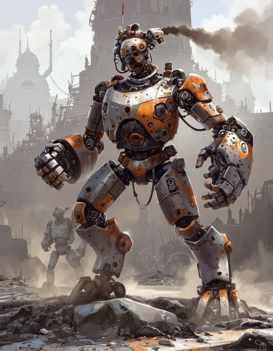 By Ian McQue. A digital illustration shoot from a front camera angle about a futuristic, industrial robot with a large, mechanical body and multiple limbs, standing in a post-apocalyptic landscape. the image also shows two smaller robots in the background, one in the foreground and one behind it. on the middle of the image, a robot appears to be in a battle-ready stance, with its legs spread wide and its arms outstretched, as if ready to take on any challenge. the robot has a sleek, metallic body with intricate details and a variety of mechanical components, including pipes, cables, and other mechanical components. it has an orange and black color scheme, and its face is not visible due to the camera angle. on its back, another robot is visible, with a smaller, more detailed body and a more menacing expression. the background features a smoky, industrial setting with tall, crumbling structures and a distant, distant cityscape. the overall mood is one of chaos and destruction, with the robot standing out from the rest of the scene.