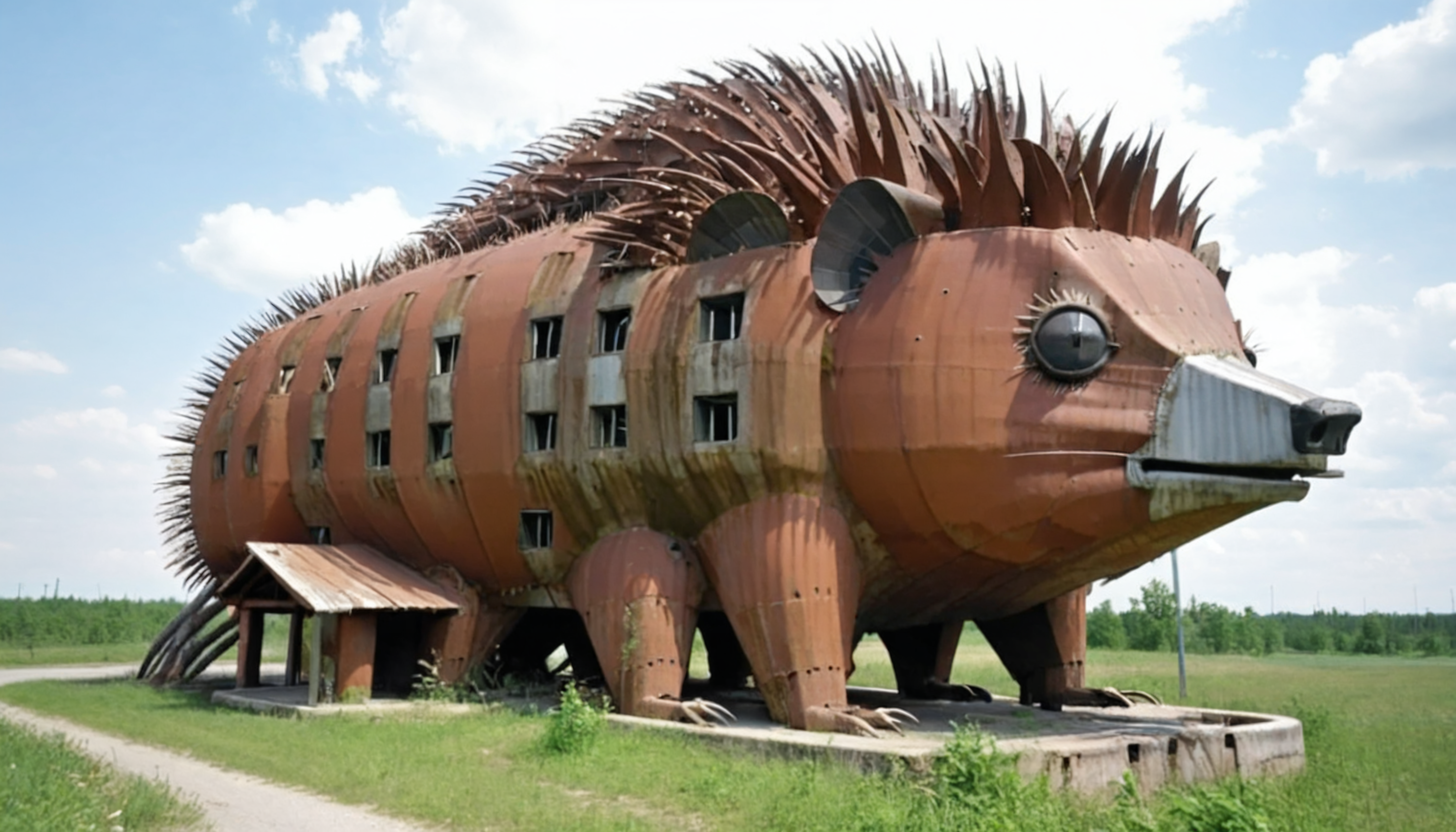 A porcupine shaped rusted novarc building is all that remains of human civilization <lora:Novelty_Architecture:1>