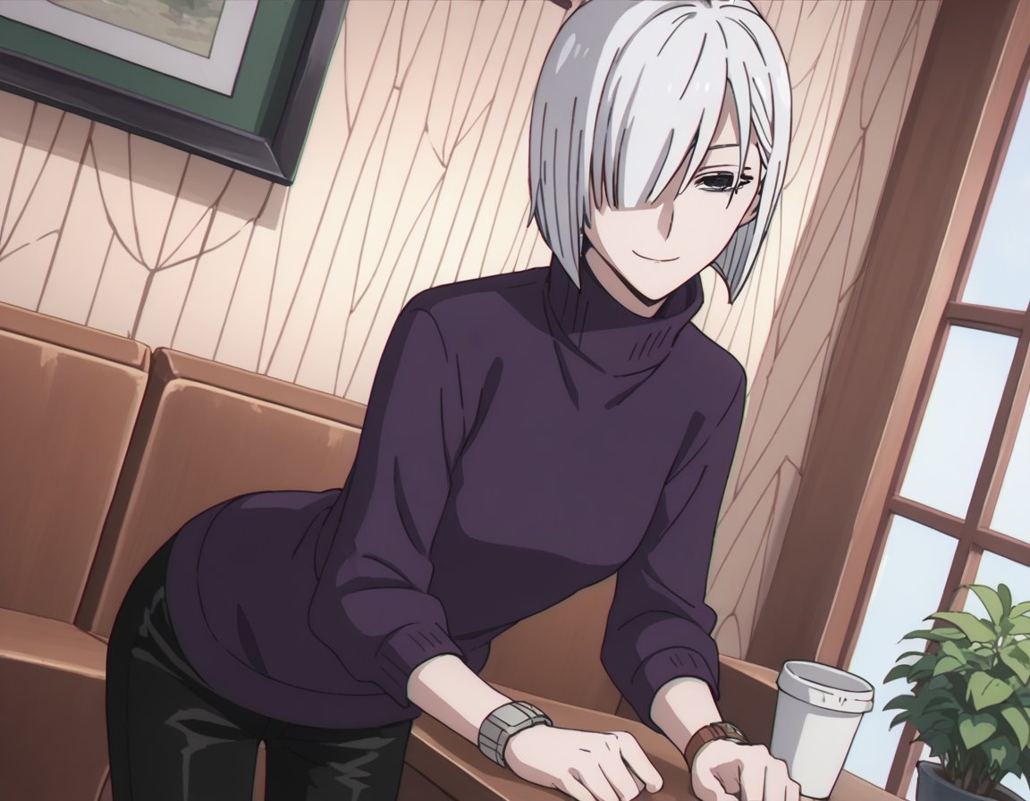 score_9, score_8_up, score_7_up, source_anime,
fionafrost, <lora:fiona-frost-s1-ponyxl-lora-nochekaiser:1>,
fiona frost, white hair, short hair, hair over one eye, grey eyes,
long sleeves, pants, sweater, turtleneck, black pants, watch, turtleneck sweater, wristwatch, purple sweater,
indoors, smile, bent over,
looking at viewer, solo, cowboy shot, dutch angle,