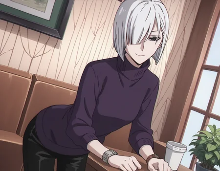 score_9, score_8_up, score_7_up, source_anime,
fionafrost, <lora:fiona-frost-s1-ponyxl-lora-nochekaiser:1>,
fiona frost, white hair, short hair, hair over one eye, grey eyes,
long sleeves, pants, sweater, turtleneck, black pants, watch, turtleneck sweater, wristwatch, purple sweater,
indoors, smile, bent over,
looking at viewer, solo, cowboy shot, dutch angle,