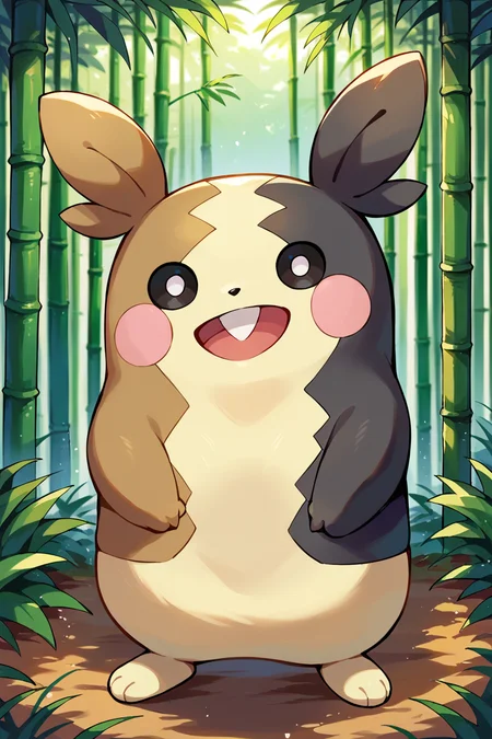 score_9, score_8_up, score_7_up, score_6_up, score_5_up, score_4_up, BREAK morpeko \(full\), pokemon \(creature\),solo, (multicolored skin), black eyes, white pupils, buck teeth, happy, bamboo forest, <lora:MorpekoPony:1>