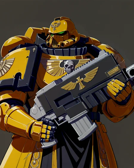 Anime Illustration, full body, Space Marine, imperial fists legion, portrait, standing. He is holding aiming, a bltgun bolter weapon.He is wearing a yellow helmet, intricate yellow armor, silver trimmings, cross detailing, tabard, torn cape, gauntlets, black fur, plate armor, yellow full armor, panoply, gothic architecture, background, extremely detailed, absurdres, masterpiece, cel shading,
<lora:Astartes:0.8> <lora:add-detail-xl:0.8> <lora:Bad_Hands_lora:0.8> <lora:Bolter_-_Warhammer_40000_SDXL:1>