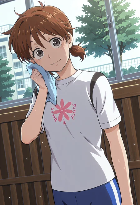 best quality, amazing quality, perfect quality, high quality, masterpiece, absolutely eye-catching BREAK
<lora:Ookiku_Furikabutte_-_Chiyo_Shinooka:1> OofuriChiyo, grey eyes, brown hair, short hair, wispy bangs, short twintails, small breasts, skinny BREAK
white t-shirt, striped shirt, black stripes, print shirt, blue track pants BREAK
indoors, school, window, tree, sunbeam, light particles, walking, wiping sweat, looking at viewer, head tilt, light smile, dutch angle, cowboy shot