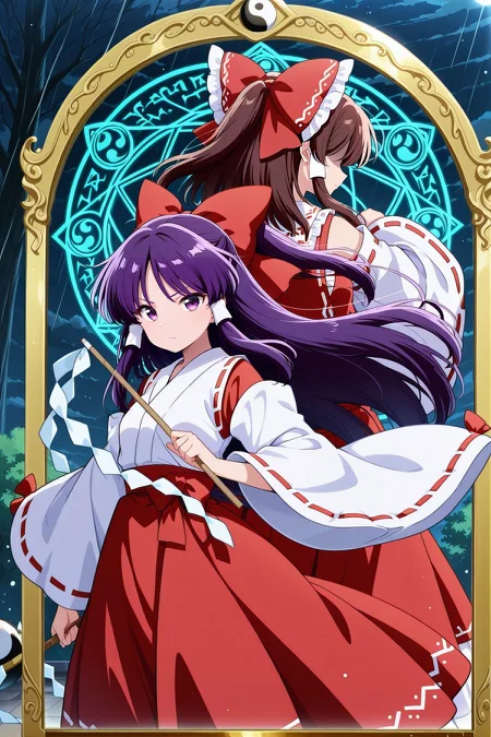 2girls, outdoors, night, storm, alongside, back to back, oversized mirror, magic gate, mirror, mirror reflection, light particles, floating hair, orbs, yin yang orb, fighting stance, magic circle, danmaku, ofuda, cowboy shot, BREAK
absurdres, highres, masterpiece, best quality, amazing quality, official anime artwork, screencap, anime screencap, dynamic pose, BREAK
<lora:Reimu-Hakurei-PC98_Illustrious:1.3> Reimu98, 1girl, solo, purple eyes, purple hair hair, long hair, sidelocks, small breasts,, hair bow, red bow, hair tubes, white tubes, white shirt, attached ribbon-trimmed sleeves, red skirt, long skirt, serious, looking at viewer, holding gohei, sash, japanese cloth, BREAK
<lora:Reimu-Hakurei_IllustriousV2:0.5> hakurei reimu, 1girl, solo, brown hair, long hair, sidelocks, small breasts,, hair bow, hair tubes, frilled bow, yellow ascot, red shirt, ribbon-trimmed detached wide sleeves, miniskirt, detached sleeves, red skirt, no eyes, shaded face, from behind, looking back, from the back, in the mirror, facing the viewer, BREAK