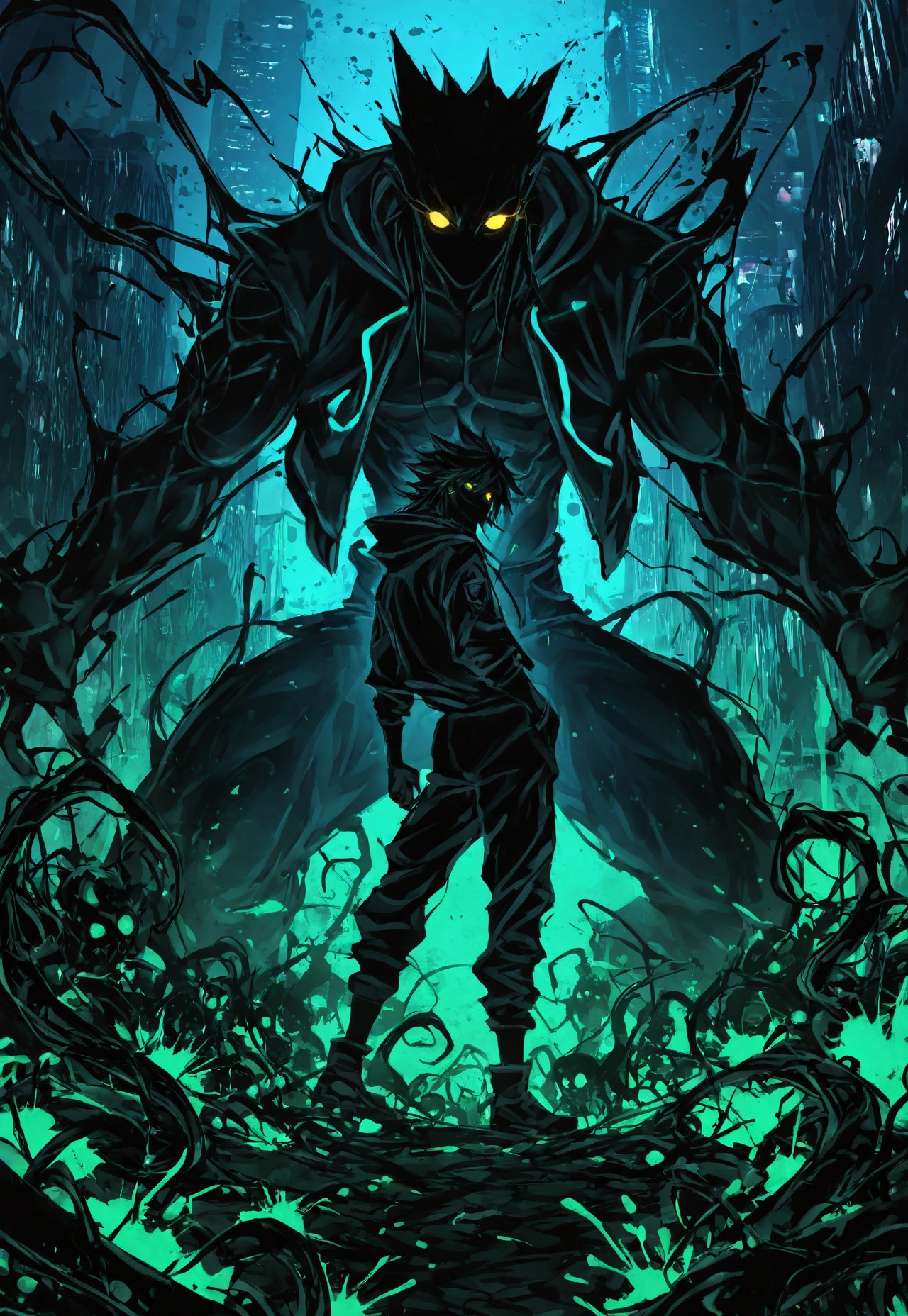 masterpiece, best quality, amazing quality, very aesthetic, absurdres, newest, detailed background, antiKH, 1boy, solo, long hair, muscular, jacket, hood, hood down, yellow eyes, glowing eyes, spot color, neon palette, blue, green, splatter, heartless, outdoors, city