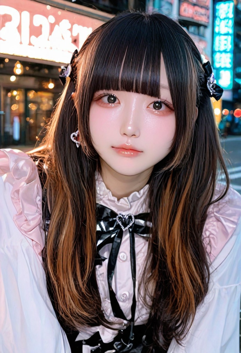 jirai kei, jiraikei face, a woman, solo, long hair, looking at viewer, jewelry, earrings, bangs, eyes, black hair,long sleeves, brown hair, shirt, white shirt, blunt bangs, upper body, dress, multicolored hair, closed mouth, bow, Street background,depth of field,bokeh, realistic,photorealistic,masterpiece,best quality,newest,highres,absurdres,photo,real life, real life insert, real world location, photo background