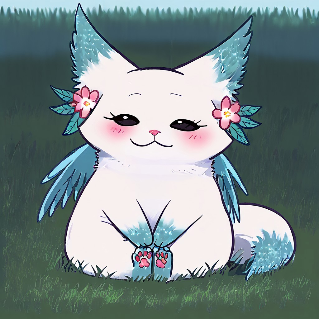 Minto, white fur, black sclera, black eyes, pink nose, paws, tail, turquoise edges at the ears, full body, outdoors, sitting on grass