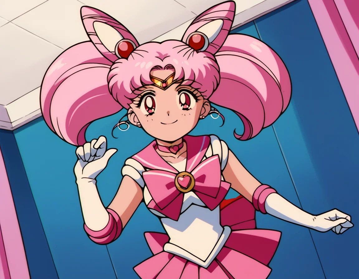 score_9, score_8_up, score_7_up, source_anime, <lora:chibiusa-tsukino-s3-ponyxl-lora-nochekaiser:1>, chibiusa, cone hair bun, double bun, hair bun, hair ornament, pink eyes, pink hair, short hair, twintails, circlet, parted bangs,, bow, brooch, choker, earrings, elbow gloves, gloves, heart, heart brooch, magical girl, pink bow, pink choker, pink sailor collar, pink skirt, pleated skirt, sailor collar, sailor senshi uniform, skirt, stud earrings, white gloves,, indoors, smile, looking at viewer, solo,, cowboy shot, dutch angle