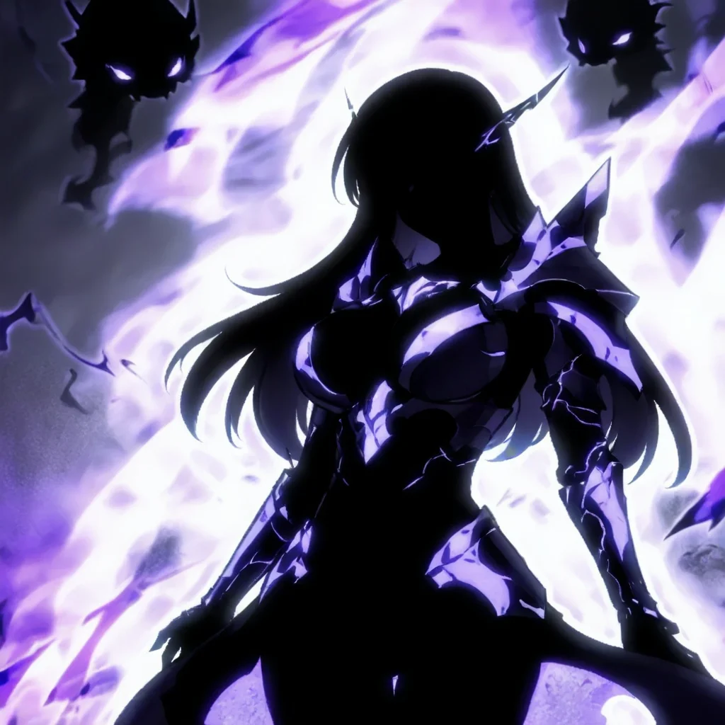 1girl, armor, shadow energy, large breasts