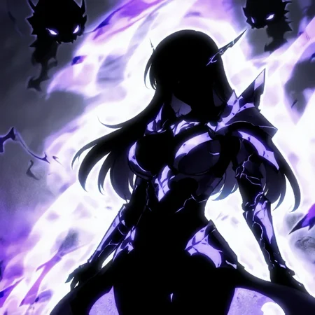 1girl, armor, shadow energy, large breasts