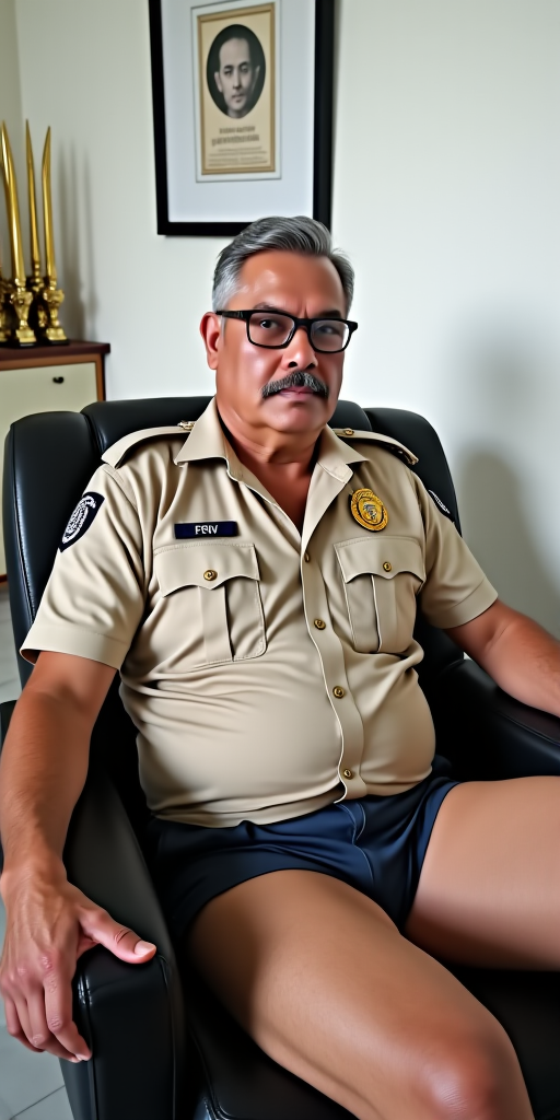 The image is a photograph of an older man with a muscular build, taken indoors. He is very handsome with a prominent mustache and glasses. The man has a stern expression on his face, with slightly furrowed eyebrows, a very handsome malay grandfather, who is lusty and a gangbang anal-whore. He is wearing only a tiny thin low-rise g-string which reveals his muscular arms, shoulders extremely beefy pectorals, stocky muscular gut and hairy torso and hairy pubic hair. This photograph features a man seated in a modern, black leather armchair with a cushioned seat. He is dressed in unbuttoned beige police uniform, which includes a short-sleeved shirt with several pockets and a distinctive emblem on the left shoulder. The uniform also has a badge and various insignia on the chest. The man has short, greying old man grandfather dark hair and is seated comfortably with his hands tied behind, with his arms tied behind.

The background of the image shows a clean, well-lit room with white walls and polished, light-colored flooring. To the left, there is a glass display case or cabinet containing trophies or awards on a wooden shelf. The room also features a framed picture on the wall above the man, which appears to be a certificate or a piece of artwork, though it's not fully visible. The overall setting suggests a professional or official environment, possibly an office or a police station. The lighting in the room is bright, indicating it's daytime, and the overall atmosphere is clean and organized. The man's attire and the setting imply he is a police officer, possibly in a supervisory or administrative role. but emphasize on his G-string which is very tiny very tight, very low-rise and he have very thick hairy pubic hair, and showing off his muscular gut and beefy strong pectorals hairy malay body.

<lora:FLUX1/Self Trained/malay 001.safetensors:1.0>, <lora:FLUX1/Self Trained/malay male 002.safetensors:1.0>, <lora:FLUX1/Self Trained/malay male 003.safetensors:1.0>, 
<lora:FLUX1/G-String-Flux_r1-000017.safetensors:2.1>, <lora:FLUX1/Hands_tied_behind_back_FLUX-000008.safetensors:1.0>, 