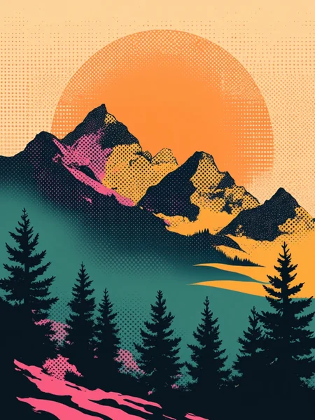 halftone_glitch, a poster of a mountain range with trees in the foreground and a sunset in the background. The trees are tall and lush, with a variety of colors ranging from deep greens to bright oranges and yellows. The mountains are majestic and the sky is a beautiful mix of oranges, pinks, and purples.<lora:General Flux\darkdescent-halftone-glitch.safetensors:0.9:1.0>