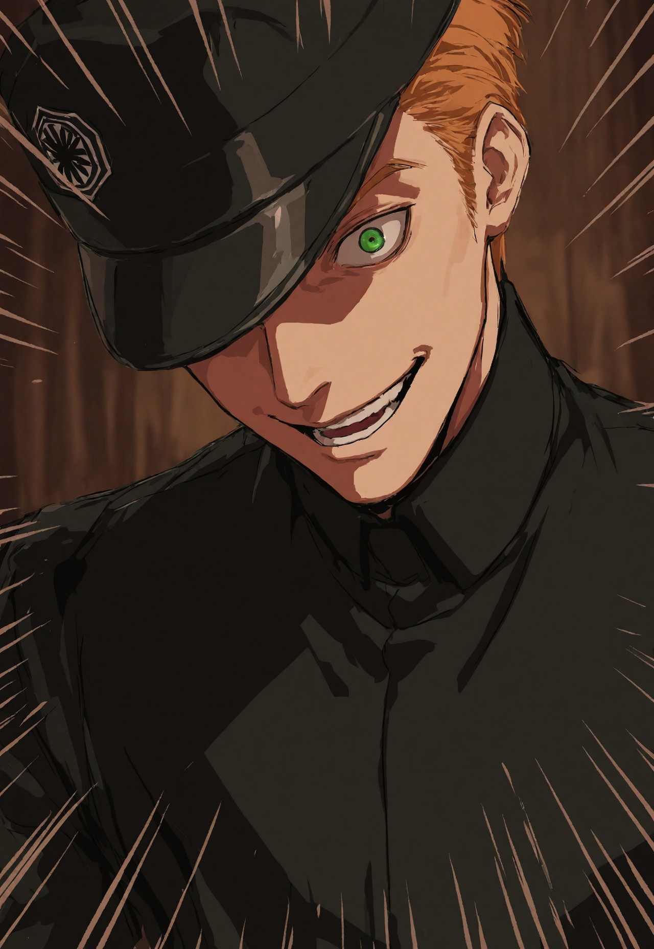 Smooth_Quality, masterpiece, best quality, amazing quality, very aesthetic, absurdres, newest, detailed background, genHux, 1boy, solo, blonde hair, short hair, green eyes, first order uniform, hat, close-up, evil smile, laughing maniacally, crazy eyes, three quarter view, emphasis lines, one eye covered, looking down