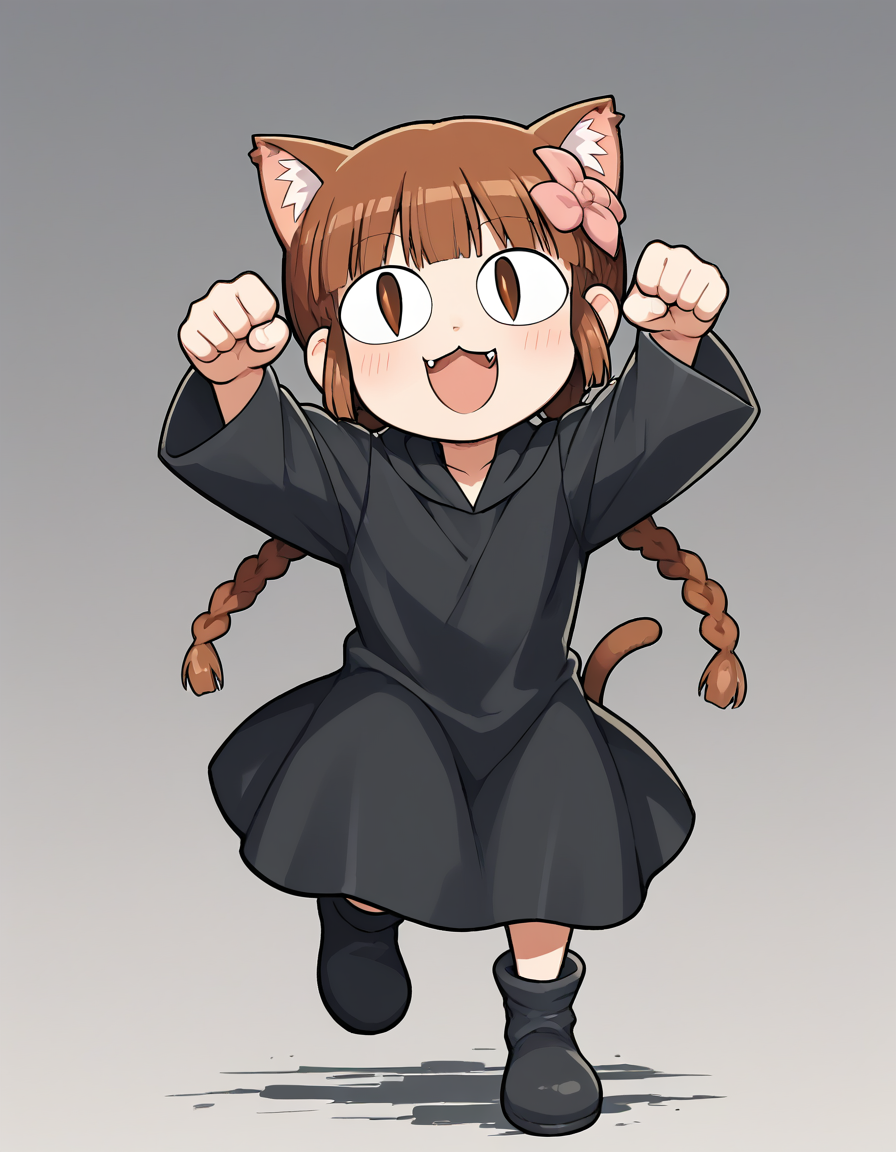 <lora:Grgrkukuri_SDXL_pony_fp16:1>,Grgrkukuri,  blunt bangs,robe, braid, brown eyes, twin braids,brown hair,black robe,boots,hair flower,paw pose,  <lora:xl_neco-arc(pony):1>,neco-arc,slit eyes,1girl,solo,cat ears,cat tail,chibi,:3,full body,open mouth, running, arms up,, score_9, score_8_up, score_7_up, BREAK source_anime, rating_questionable, best quality, masterpiece, uncensored,[pony diffusion V6 is trained by PurpleSmartAI:100]