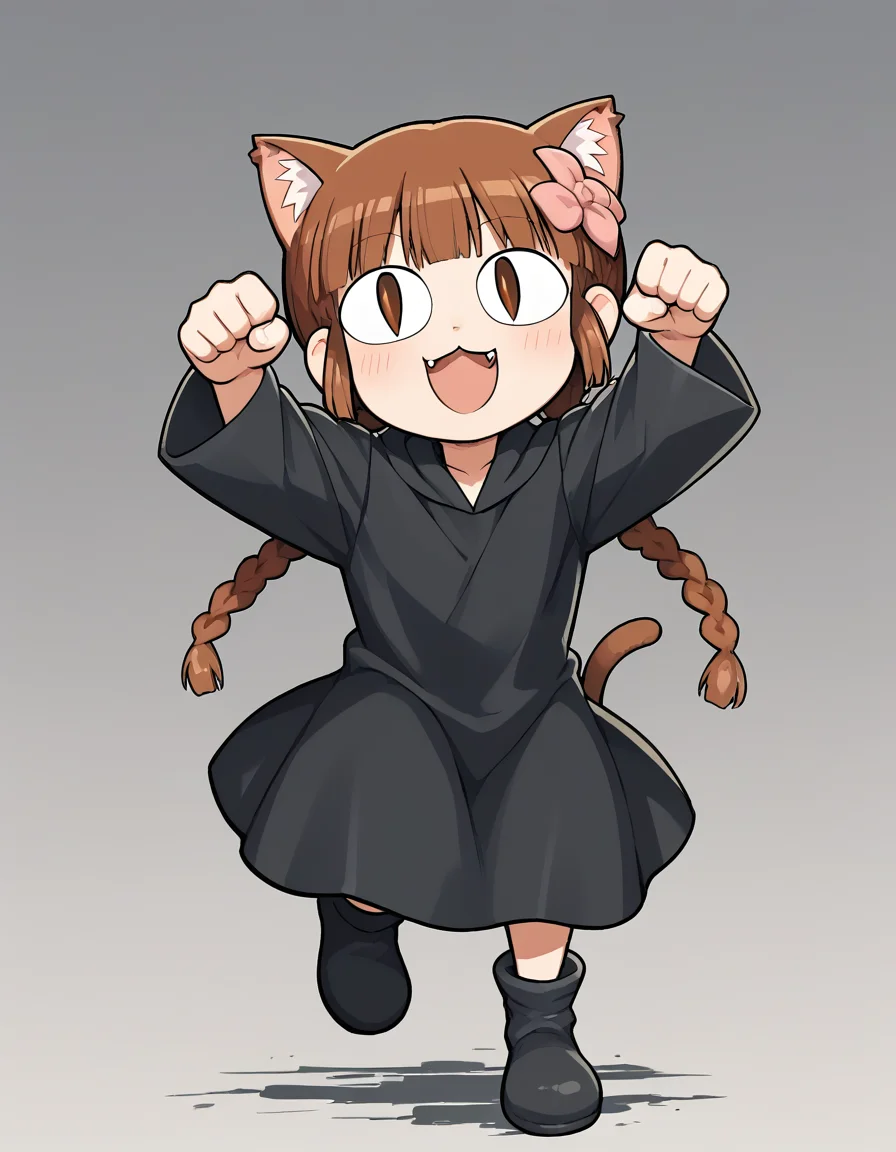 <lora:Grgrkukuri_SDXL_pony_fp16:1>,Grgrkukuri,  blunt bangs,robe, braid, brown eyes, twin braids,brown hair,black robe,boots,hair flower,paw pose,  <lora:xl_neco-arc(pony):1>,neco-arc,slit eyes,1girl,solo,cat ears,cat tail,chibi,:3,full body,open mouth, running, arms up,, score_9, score_8_up, score_7_up, BREAK source_anime, rating_questionable, best quality, masterpiece, uncensored,[pony diffusion V6 is trained by PurpleSmartAI:100]
