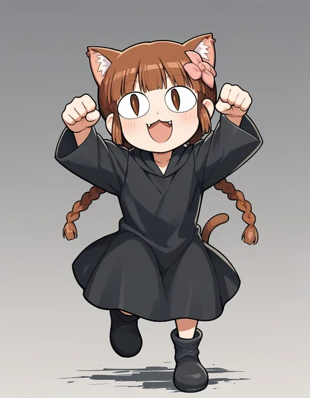 <lora:Grgrkukuri_SDXL_pony_fp16:1>,Grgrkukuri,  blunt bangs,robe, braid, brown eyes, twin braids,brown hair,black robe,boots,hair flower,paw pose,  <lora:xl_neco-arc(pony):1>,neco-arc,slit eyes,1girl,solo,cat ears,cat tail,chibi,:3,full body,open mouth, running, arms up,, score_9, score_8_up, score_7_up, BREAK source_anime, rating_questionable, best quality, masterpiece, uncensored,[pony diffusion V6 is trained by PurpleSmartAI:100]