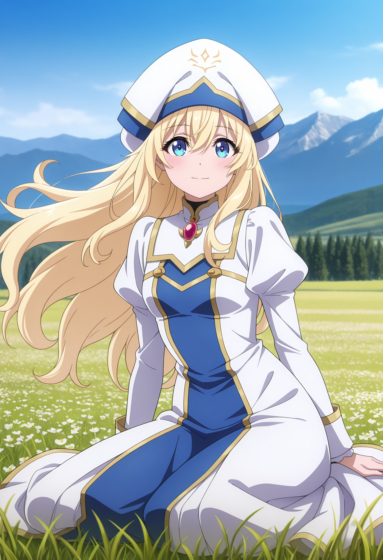 anime screencap, masterpiece, best quality,
<lora:GoblinSlayer_Priestess_IlluXL:0.9>,
1girl, solo, closed mouth, light smile, blush,
long hair, hair between eyes, blonde hair, blue eyes,
multicolored headwear, multicolored dress, white dress, blue dress, red brooch, juliet sleeves,
yokozuwari, looking at viewer, wind, floating hair,
outdoors, scenery, tree, mountainous horizon, grass, flower field, blue sky, photo background, blurry background