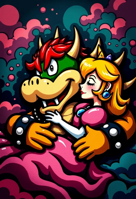 <lora:Graffiti_Characters2_FLUX-000011 (1):0.9>
This is a vibrant, stylized digital drawing set against a dramatic, abstract background, of Bowser and Princess Peach cuddling in bed together