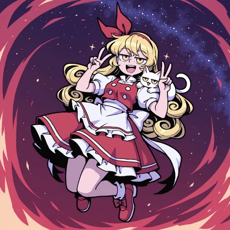 masterpiece, best quality, absurdres, amazing quality, high quality, highly detailed, intricate detail, colorful, aesthetic,
1girl, ellen (touhou), (:D), long hair, yellow eyes. curly hair, blonde hair, red hair ribbon, red hairband, puffy short sleeves, white buttons, waist bow, red skirt, red shoes, red maid outfit, white buttons, apron,
make V with fingers, double v, smile, full body, jumping, floating, hands up, detailed hands, detailed fingers, animal on shoulder
BREAK
sokrates (touhou), white cat, jitome,
BREAK
starry sky, blue streaks, dutch angle,