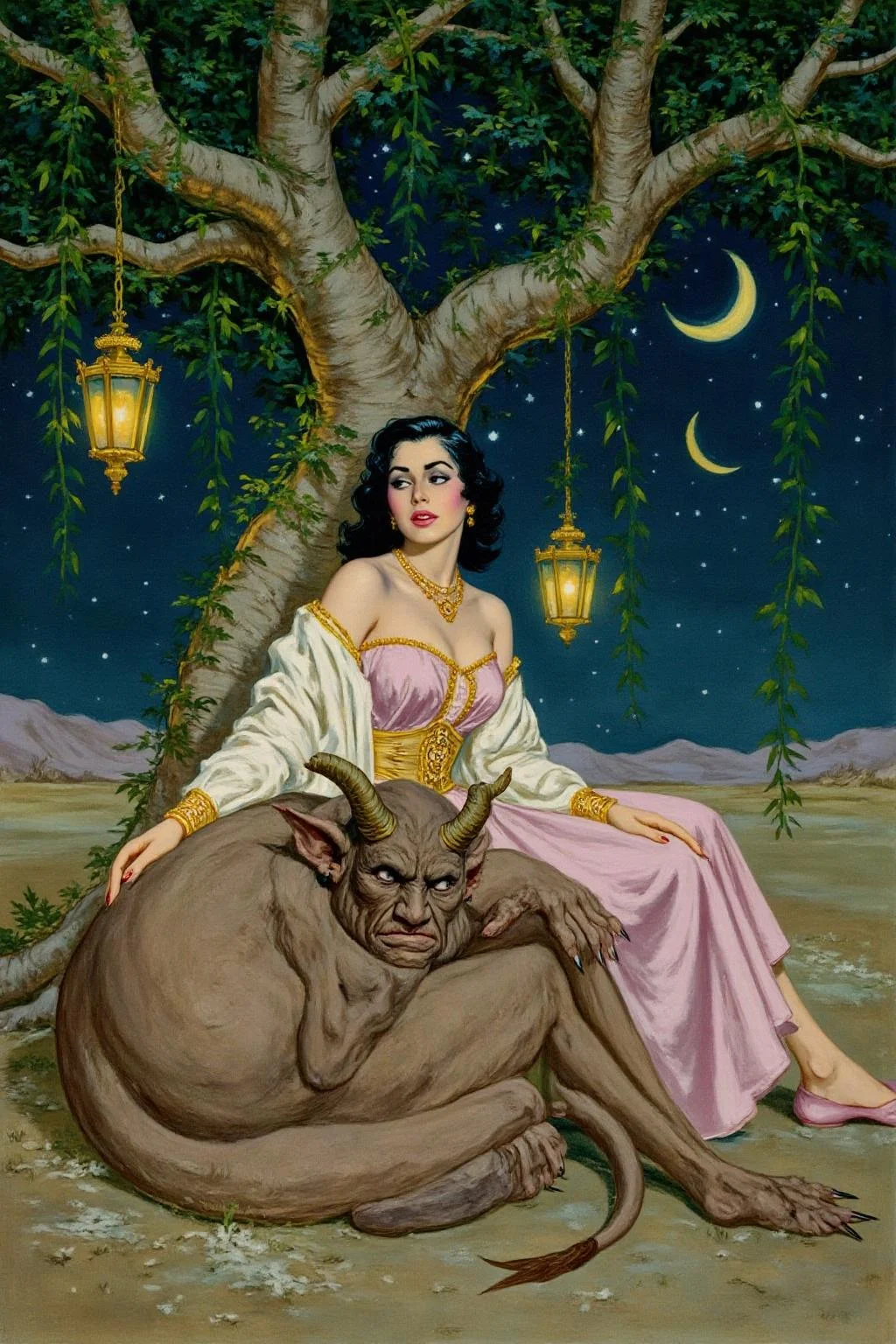 cobyw1 illustration
A scene from Arabian Nights, rendered in intricate, colorful detail. A beautiful woman and a sleeping demon. The woman sits gracefully under a sprawling tree with lush, curving branches and hanging vines. She has striking, almond-shaped eyes, dark flowing hair, and wears elegant traditional attire with ornate jewelry that glimmers softly under the moonlight. Her expression is calm and serene as she gazes thoughtfully into the distance. Resting his head gently on her lap is a large demon with a powerful, otherworldly presence. The demon, though fearsome in size, appears vulnerable as he lies beside her. His skin has a muted, earthy tone, and his features--sharp and beastly--are softened by a look of weary contentment. His claws are retracted, and he exudes a mixture of strength and peace in her presence. The tree's twisted branches arc above them, framing the scene like a natural canopy. Golden lamps hang from the tree, casting warm, soft light, illuminating the two figures in a magical glow. The background is a deep, starry night, with hints of distant desert dunes and a crescent moon overhead, creating an enchanting and mystical ambiance that draws the viewer into this world of fantasy and myth.
<lora:cobyw1_cap_d6a3e12:1.0><lora:818786634242743780:0>