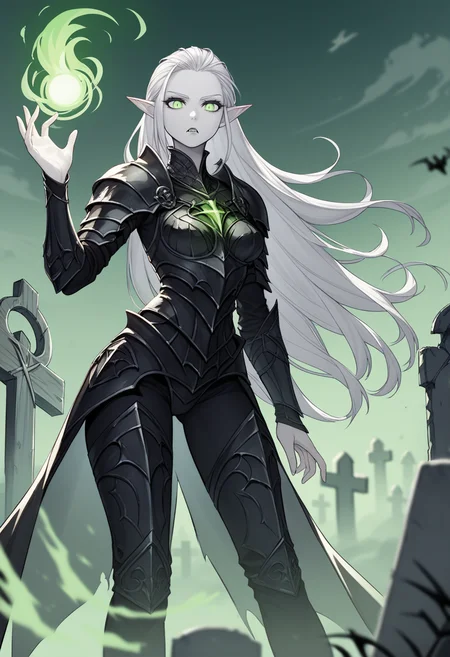 score_9, score_8_up, score_7_up,<lora:kingsstyle-10:1.0>, <lora:Lineart_sketch_v1_USENEG:-0.5> lineart, sketch, 1girl, dark knight, evil, black armor, white hair, forehead, hair slicked back, pale skin, graveyard, fantasy, medium breasts, impossible clothes, thighs, very long hair, vampire, silver hair, green eyes, eyelashes, energy, magic, green glow, unholy, fog, muted color, looking at viewer, detailed background, pointy ears, arm at side, hand up, open hand, depth of field, crypt