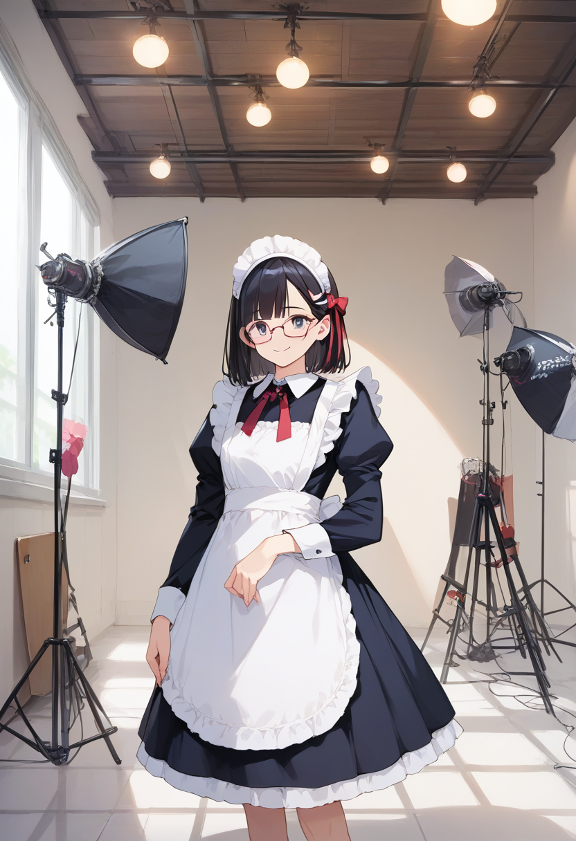 score_9, score_8_up, score_7_up, rating_safe, masterpiece, best quality, absurdres, unity 8k wallpaper, official art, official style, source_anime, uncensored, game cg, megami magazine,
1girl, solo, glasses, black hair, medium hair, maid dress, black dress, maid apron, maid headdress, standing, smile, happy, looking at viewer, 
photostudio, shooting light, indoors, camera, chair, cyclorama, white cyclorama
 <lora:photostudio_pony_V2:1>
