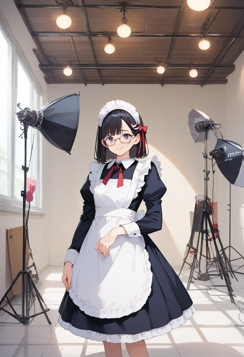 score_9, score_8_up, score_7_up, rating_safe, masterpiece, best quality, absurdres, unity 8k wallpaper, official art, official style, source_anime, uncensored, game cg, megami magazine,
1girl, solo, glasses, black hair, medium hair, maid dress, black dress, maid apron, maid headdress, standing, smile, happy, looking at viewer,
photostudio, shooting light, indoors, camera, chair, cyclorama, white cyclorama
<lora:photostudio_pony_V2:1>