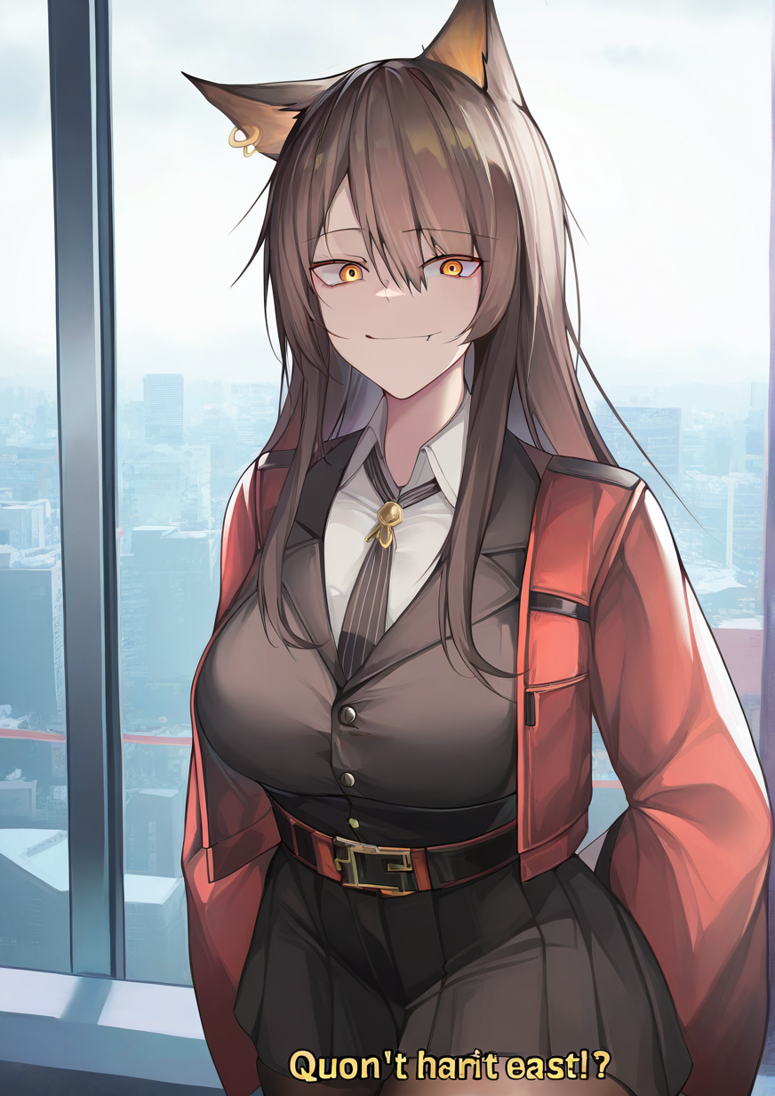 <lora:siwa:1>,1girl, skyfire \(arknights\), detailed background, huge breasts, wide hips, animal ears, breasts, brown hair, closed mouth, collared shirt, english text, gesugao, hair between eyes, long hair, looking at viewer, necktie, orange eyes, pantyhose, shirt, skirt, smile, solo, 
very awa, masterpiece, best quality, highres, absurdes,amazing quality