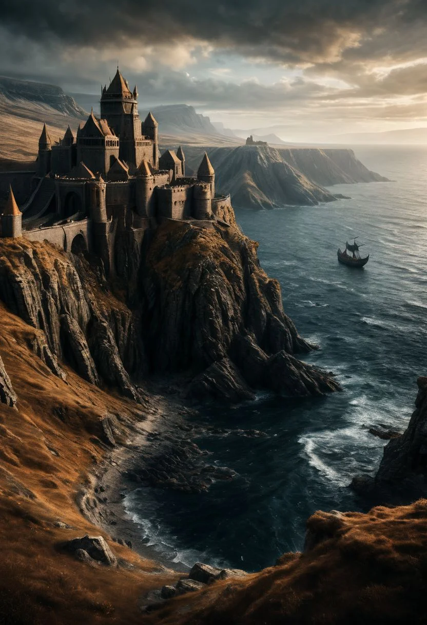 extremely detailed, hero shot, high detail, rule of thirds, ultra high res, realistic textures, incredibly detailed, intricate sharp details, (((massive hairy chode))), , cliff background, pleasant, Stately, dnd themes, a small group of dwarves in a fantasy world, (game of thrones aesthetic , dwarven fortress on far distant cliff-side), with (fantasy-antiquity-ships in the far-distant background near horizon)