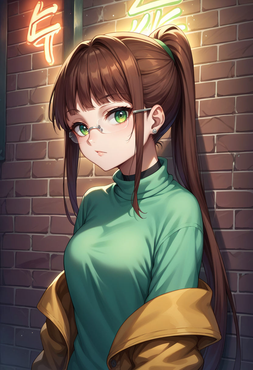 score_9, score_8_up, source_anime, 1girl, RuriMiyamoto, brown hair, bangs, very long hair, ponytail, green eyes, glasses, earrings, sharp eyes, choker, neon shirt, open jacket, turtleneck sweater, night, against wall, brick wall, graffiti, dim lighting, alley, looking at viewer, <lora:ChamRuriMiyamotoPonyXL:1>