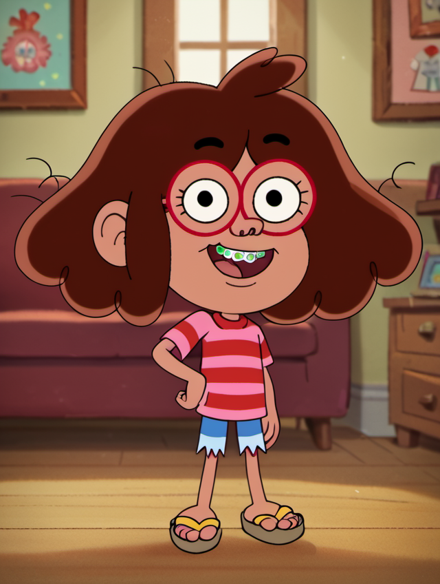 score_9, score_8_up, score_7_up, solo, 1girl, tat1, brown hair, sandals, shorts, child, indoors, open smile, striped shirt, hand on hip, red-framed eyewear, black eyes, braces, blurry background, <lora:tat1-000010:1>,