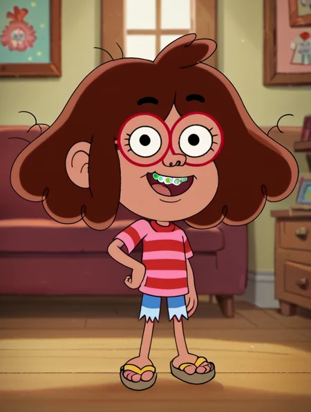 score_9, score_8_up, score_7_up, solo, 1girl, tat1, brown hair, sandals, shorts, child, indoors, open smile, striped shirt, hand on hip, red-framed eyewear, black eyes, braces, blurry background, <lora:tat1-000010:1>,