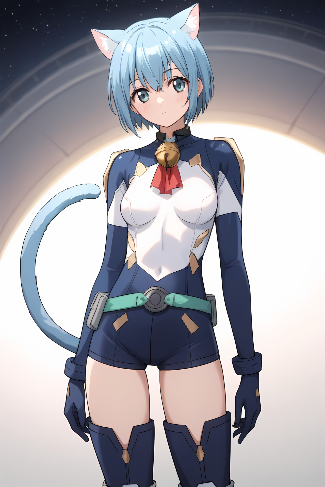 (blue bodysuit belt gloves thigh boots:1.50), cpc-melwin, blue hair, short hair, hair between eyes, aqua eyes, cat ears, cat tail, neck bell, collar, 
medium breasts, 1girl, solo, skinny, (source_anime, score_9, score_8_up, score_8, score_7_up), score_7, score_6_up, score_6, score_5_up, score_5, 
(blush:1.10),
(space:1.30),
(standing:1.60), (feet:1.20),
<lora:cpc-melwin-V02-000003:0.70>