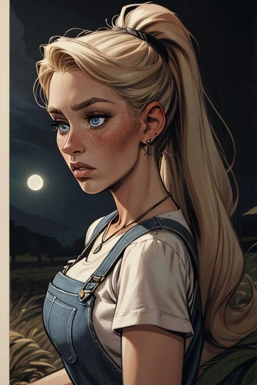 1girl, mature woman, blonde hair, ponytail,hair band, blue eyes, small perfect round breast, amazing pert butt, long hair, wrinkles, freckles, a closer view, detailed face, fFaceDetail, , graphic novel illustration, comics style, retro setting, sixties, noir style, earrings, necklace, farmer woman, at farm, overalls, red checked shirt with rolled up sleeves, gloomy face, close up, front view, looking at the view, Portrait, night time, moon, Vintage Style, vintage