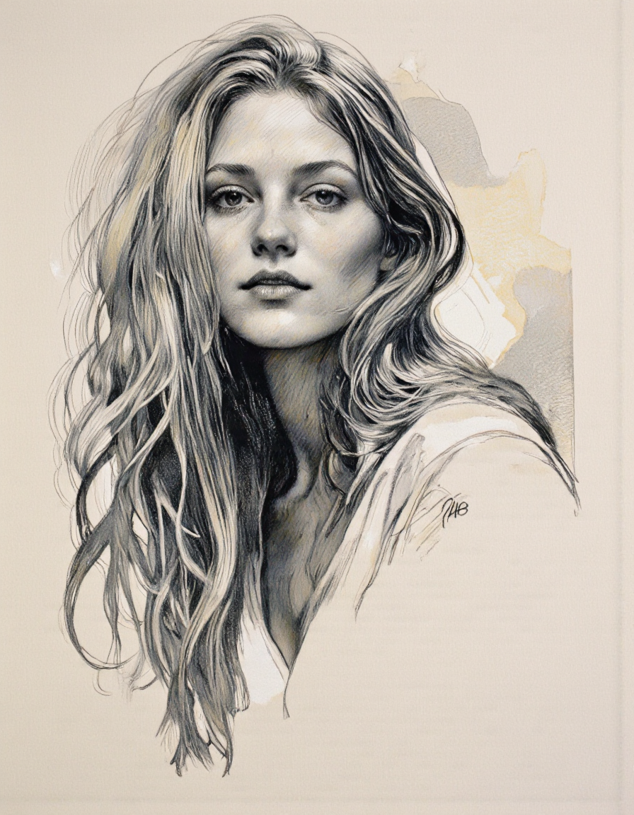 Art by Thomas Haller Buchanan. A black and white pencil drawing of a portrait of a woman with long, flowing hair, captured from a portrait camera angle. the subject is a woman with light skin and long, wavy hair that falls down her back, framing her face. she appears to be in her early twenties, with a neutral expression and a slight smile. her eyes are looking directly at the viewer, and her lips are slightly parted, giving a subtle hint of a hint of her nose. her hair is messy and unkempt, with some strands of hair falling over her shoulders. the background is a plain, light-colored paper with a subtle texture, and the focus is on the subject's face and upper body. the drawing is signed "PHB" in the bottom right corner, adding a personal touch to the artwork.