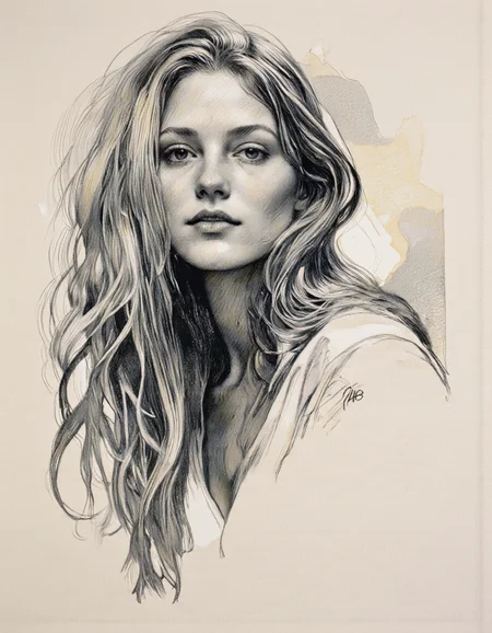 Art by Thomas Haller Buchanan. A black and white pencil drawing of a portrait of a woman with long, flowing hair, captured from a portrait camera angle. the subject is a woman with light skin and long, wavy hair that falls down her back, framing her face. she appears to be in her early twenties, with a neutral expression and a slight smile. her eyes are looking directly at the viewer, and her lips are slightly parted, giving a subtle hint of a hint of her nose. her hair is messy and unkempt, with some strands of hair falling over her shoulders. the background is a plain, light-colored paper with a subtle texture, and the focus is on the subject's face and upper body. the drawing is signed "PHB" in the bottom right corner, adding a personal touch to the artwork.