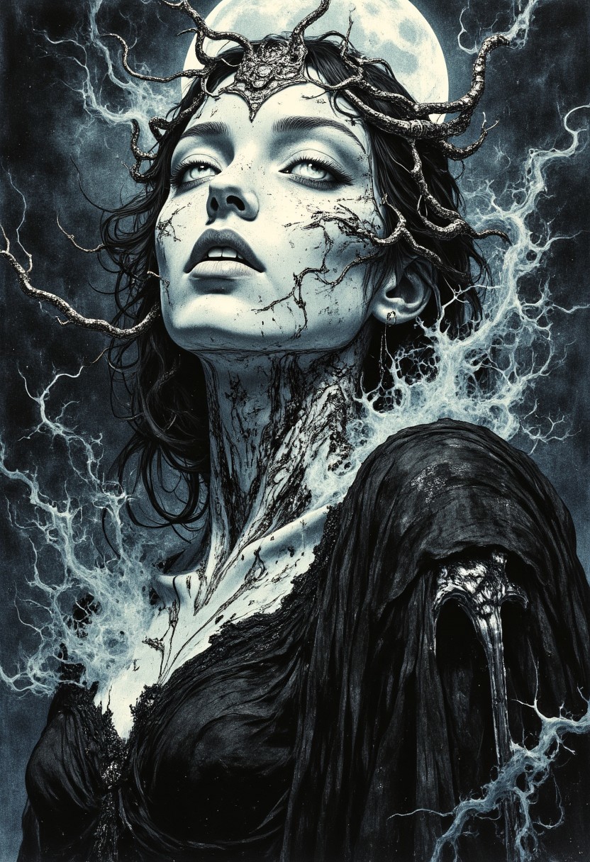 "Selene," ghostly monarch, wraith queen, head and chest portrait, hyperdetailed, 8k resolution concept art, WLOP, H.R. Giger, Moebius, spectral gothic beauty, hyperrealism, digital illustration, haunting and elegant, pale luminescent skin laced with silver filigree scars, glowing white eyes without pupils, shadowy mist flowing like sentient ribbons around her ethereal form, her tattered gown flickering between the material and the void, blackened skeletal wings curling behind her like an omen, arcane whispers swirling in the darkness, moonlight reflecting off her onyx crown, rendered in eerie, haunting perfection by Pablo Amaringo