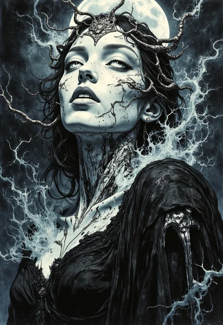 "Selene," ghostly monarch, wraith queen, head and chest portrait, hyperdetailed, 8k resolution concept art, WLOP, H.R. Giger, Moebius, spectral gothic beauty, hyperrealism, digital illustration, haunting and elegant, pale luminescent skin laced with silver filigree scars, glowing white eyes without pupils, shadowy mist flowing like sentient ribbons around her ethereal form, her tattered gown flickering between the material and the void, blackened skeletal wings curling behind her like an omen, arcane whispers swirling in the darkness, moonlight reflecting off her onyx crown, rendered in eerie, haunting perfection by Pablo Amaringo