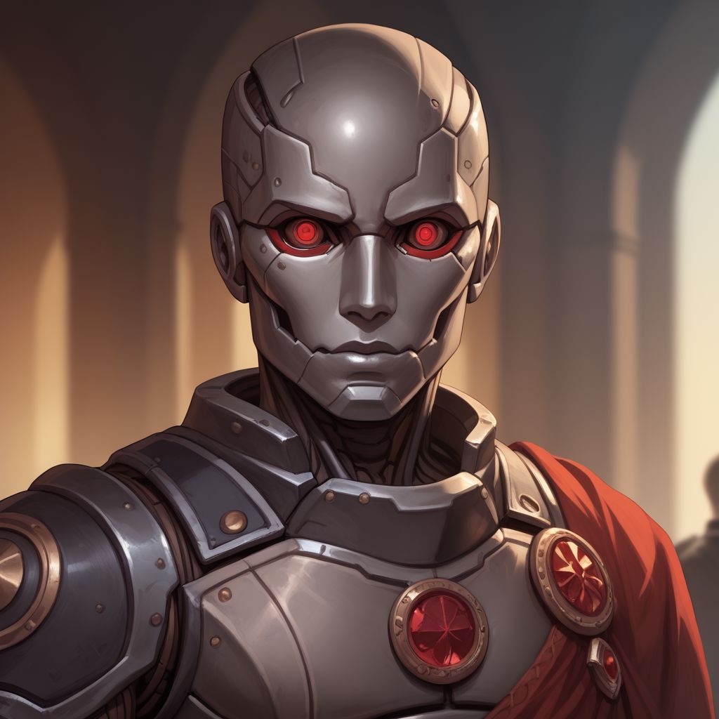 score_9, score_8_up, 8, score_7_up, score_6_up, ((masterpiece)), portrair, 
warforged, metal body, robot, 1boy, red eyes, black metal,
fantasy background, blurred background