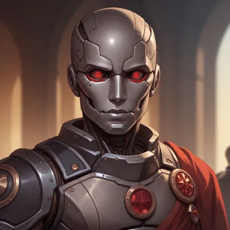 score_9, score_8_up, 8, score_7_up, score_6_up, ((masterpiece)), portrair, 
warforged, metal body, robot, 1boy, red eyes, black metal,
fantasy background, blurred background