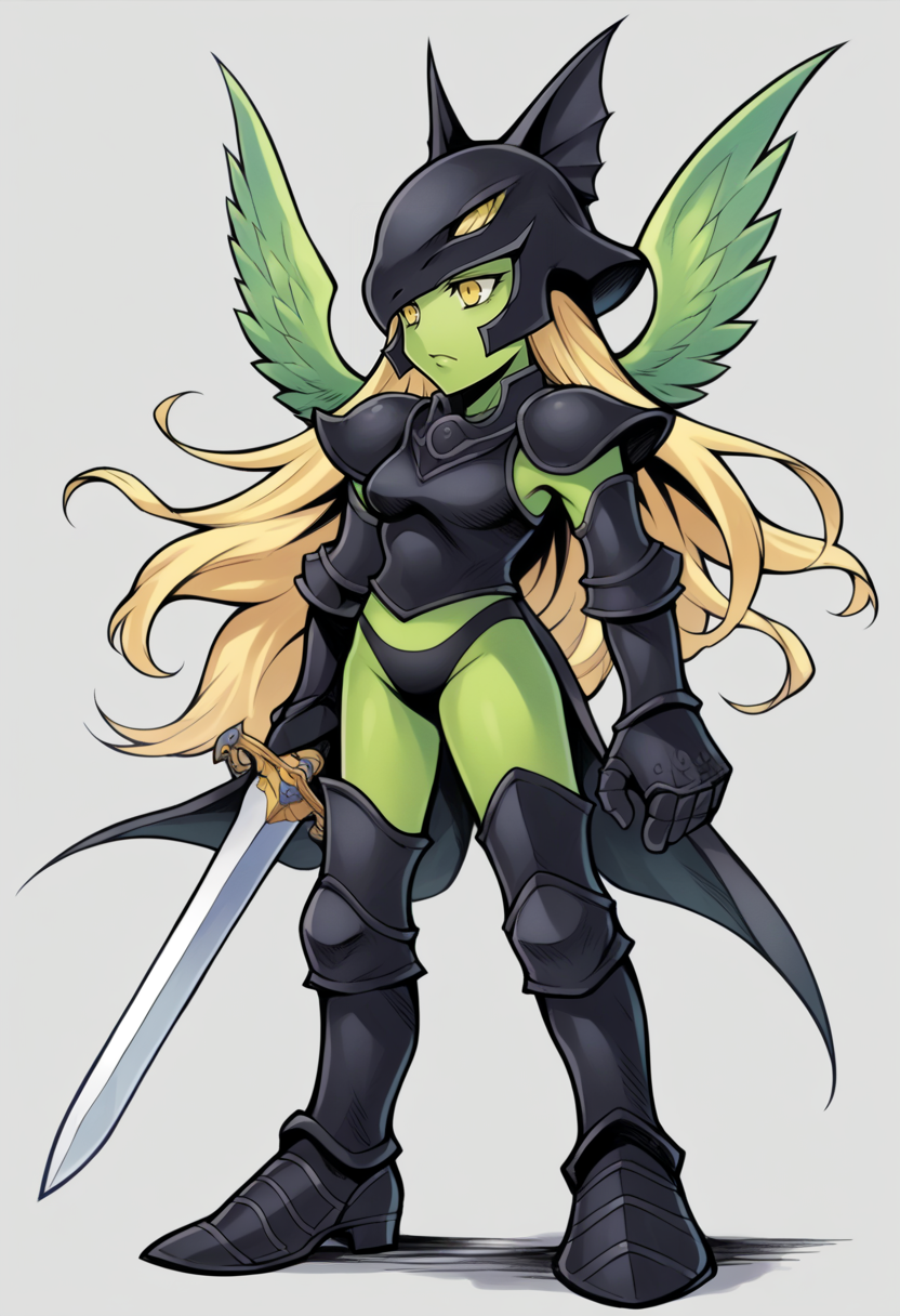score_9, score_8_up, score_7_up, source_anime BREAK 1girl, solo,
<lora:zs_OperaOmniaStyleXL:1> operaomniastyle, full body, white background
 <lora:zs_MorriganXL:1> morrigansmt, green feathered wings, armor, helmet, blonde hair, long hair, yellow eyes, colored skin, green skin, holding, sword
