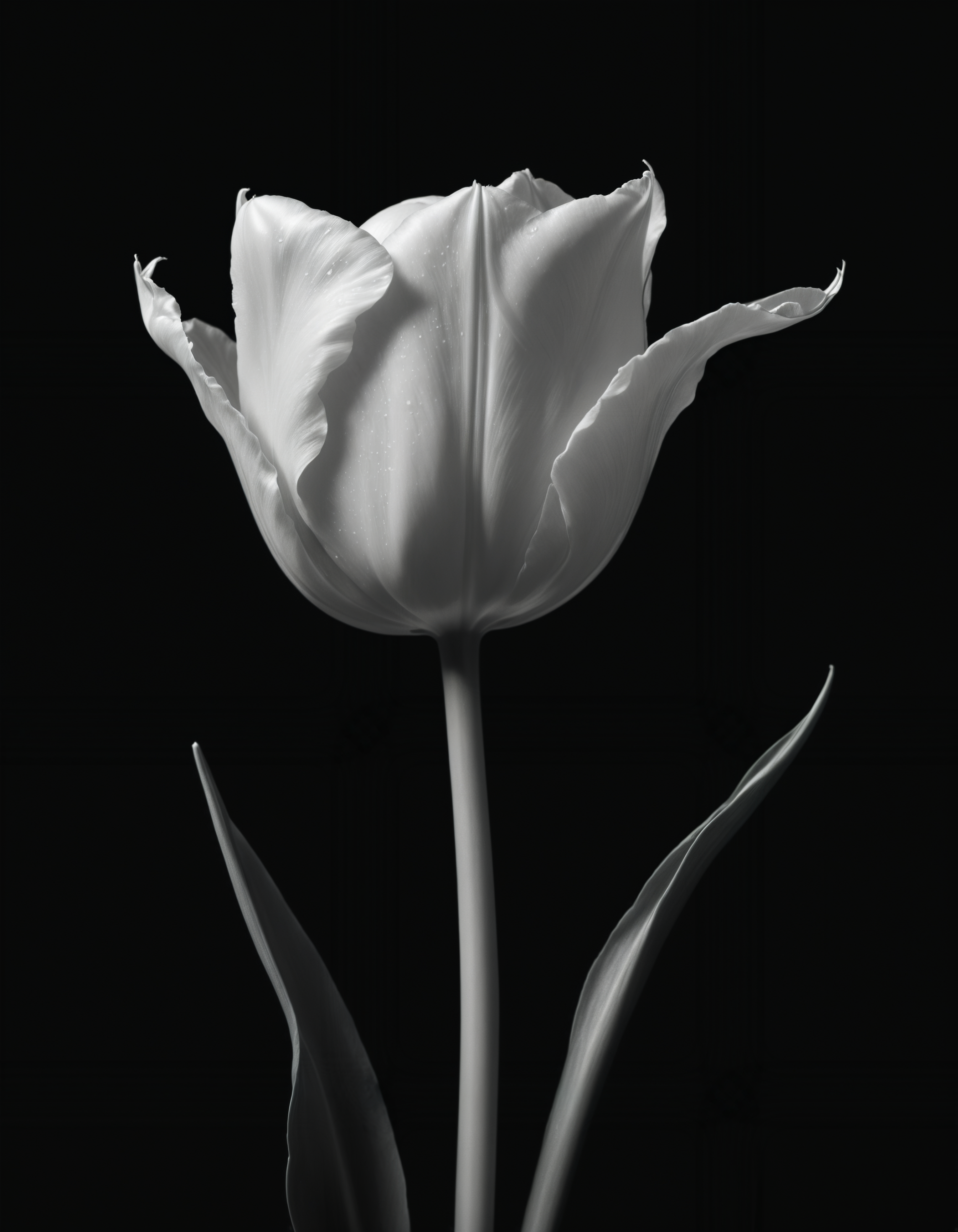 by Helmut Newton, hyper realistic photo of a pure white tulip,  (monochrome, chiaroscuro, photorealistic, professional, masterful:1.4), hyper detailed, award winning,  limited monochrome palette, extremely high contrast, ivory and black hue,  (intricate details, masterpiece, best quality:1.4),
dramatic cinematic lighting,  wide angle panoramic view, simple black  background, dynamic,
<lora:add-detail-xl:0.5> <lora:xl_more_art-full_v1:0.5>