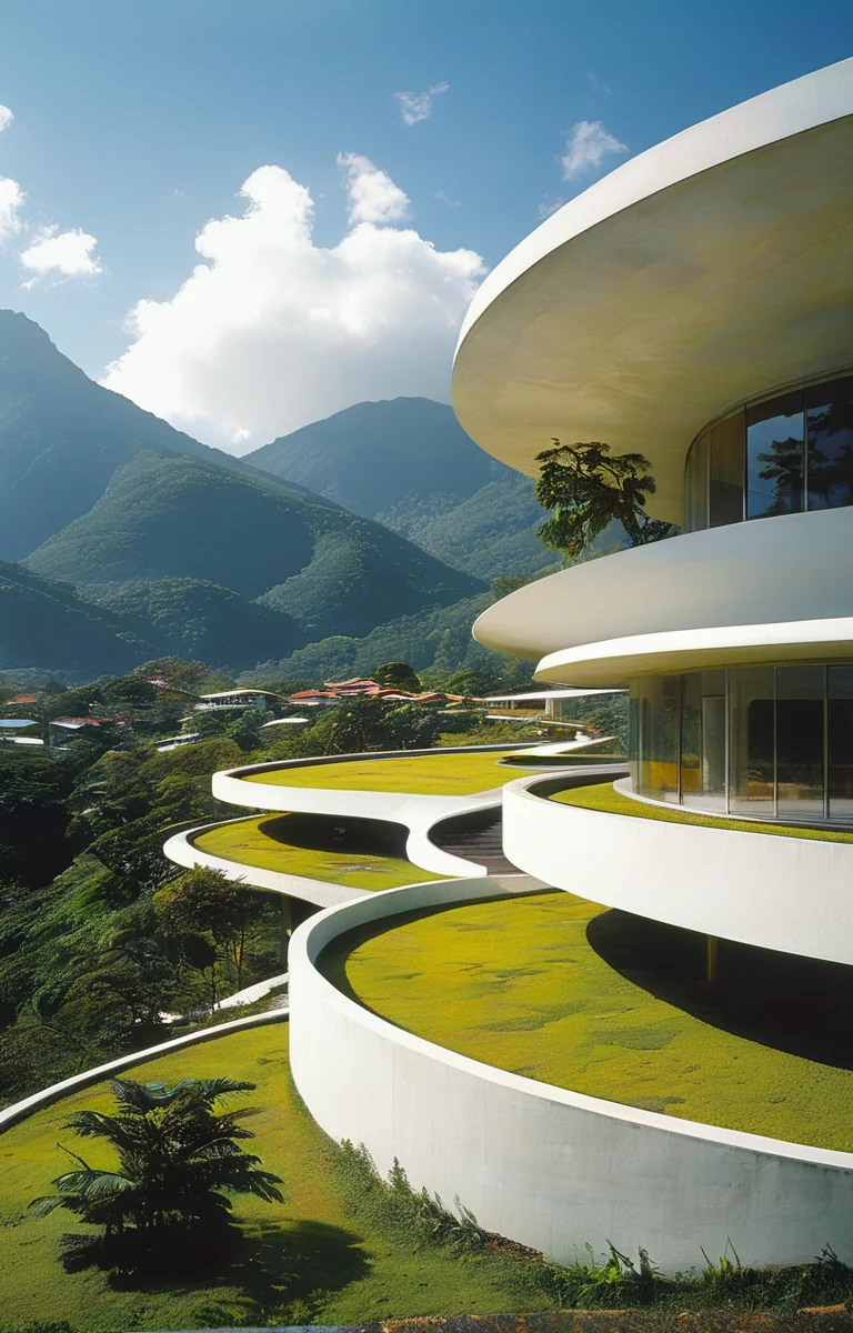 masterpiece,best quality,<lora:tbh313-sdxl:0.75>,illustration,designed by Oscar Niemeyer, Sustainable eco-village with green roofs and solar panels, nestled in a mountain valley