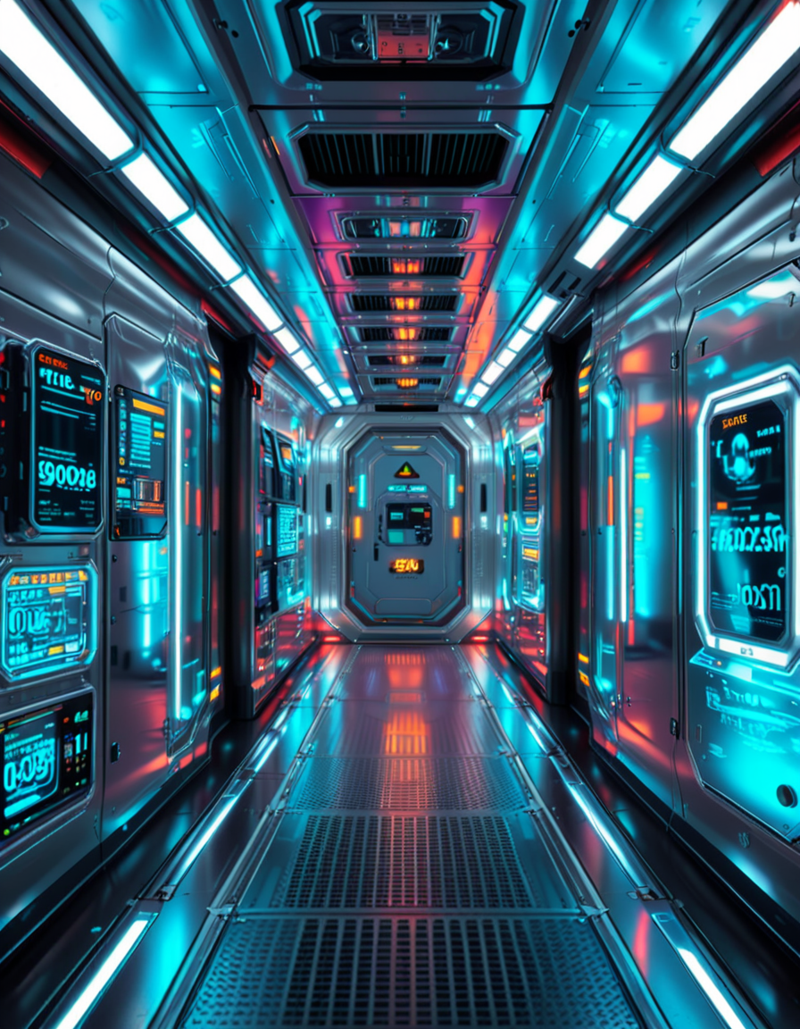 A highly detailed futuristic spaceship corridor, illuminated by soft neon blue and purple lights. The walls are made of sleek metallic panels, with glowing circuits and holographic displays integrated into the design. The floor is reflective and polished, with a faint grid pattern that emits a subtle white glow. Pipes and cables run along the ceiling, interspersed with small ventilation grids and blinking lights. The corridor stretches into the distance, creating a sense of depth, with a slight curve that hints at the massive scale of the spacecraft. The atmosphere feels clean, modern, and slightly sterile, with a sci-fi aesthetic inspired by movies like Blade Runner and Star Wars. The overall lighting is ambient and slightly dim, accentuating the futuristic ambiance. No characters or people are present, focusing entirely on the corridor's architecture and design.<lora:SDXLFaeTastic2400:0.4> <lora:extremely_detailed:0.4> extremely detailed, <lora:futuristic_spaceship_c0rr1d0r:1>,futuristic spaceship c0rr1d0r, Masterpiece,best quality,hi res,8k,hi res,8k,award winning,(sharp focus, intricate, highly detailed),