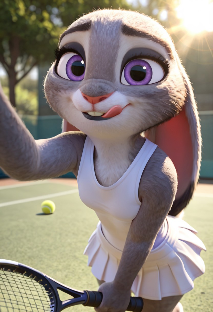masterpiece, best quality, absurdres, highres, high quality, highly detailed, amazing quality, detailed background, 3d, photorealistic, (bokeh:1.3), official art, Hoovesart, 3d, gloss_(hotglossed), 
solo, (shortstack:1.5), JudyHopps, solo, furry female, rabbit girl, rabbit ears,( ears down:1.5), ,solo,furry female,rabbit girl,rabbit ears,purple eyes,animal nose,body fur,two-tone fur,grey fur,white fur,rabbit tail, small breasts, wide hips, black eyeshadow, black lipstick, two-tone fur, grey fur, white fur, rabbit tail, close-up, cowboy shot, 
tennis uniform, tennis racket, tennis ball, holding, pleated skirt, white skirt, excited, competitive, front view, low-angle view, from above, looking at viewer, laying on ground, foreshortening, legs bent, one leg up, tennis ball nearby, tennis racket nearby, licking lips, , , , outdoors, tennis court, well-lit, fill light, (close-up:1.5), closeup,