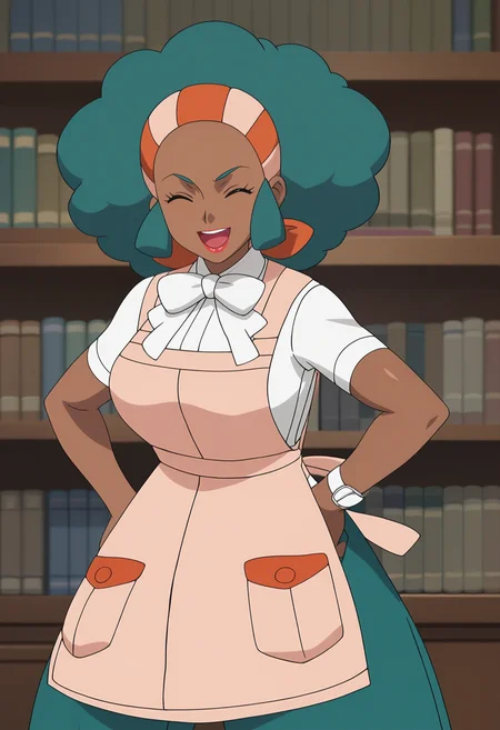 score_9, score_8_up, score_7_up, score_6_up, anime screencap, anime coloring, <lora:PMLenora_epoch_9:0.8>, PMLenora, dark skin, closed eyes, eyelashes, green hair, big hair, afro, hairband, lipstick, large breasts,
pink apron, long apron, pocket, white shirt, short sleeves, white bow, bowtie, green pants,
laughing, open mouth, 
BREAK, indoors, bookshelf,