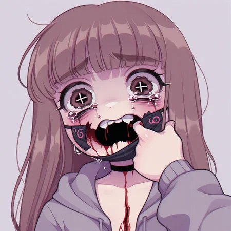 Paula,1girl,Brown hair,mask with :3 symbol,choker,bangs, hoodie,Long hair
Half body, Paula removing her mask, revealing her mouth and full face, watery eyes, tears. Broken mouth, bloody mouth, broken teeth, missing teeth, cut cheeks, broken lips, missing lips, gore