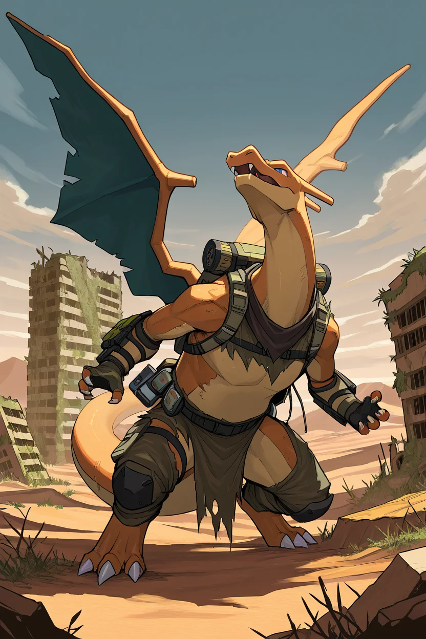masterpiece, best quality, <lora:CharizardPokedexIXL:1.0>, no humans, solo, dynamic pose, Charizard in tattered clothing, survival gear, makeshift weapon, desert wasteland, ruined building, overgrown nature, scavenger, dramatic sky