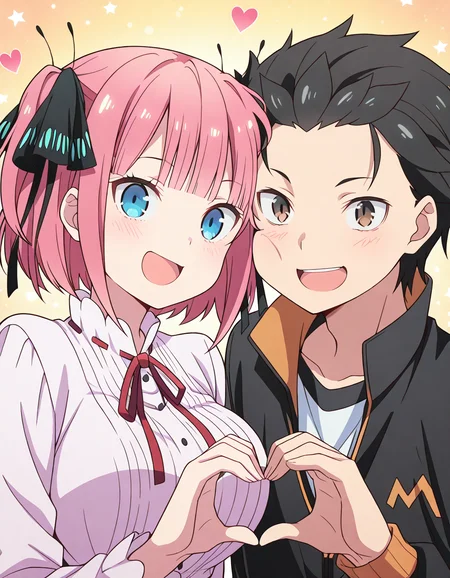 masterpiece, best quality, amazing quality,, <lora:nnakano-s2-ponyxl-lora-nochekaiser:1>, short hair, bangs, blue eyes, hair ornament, hair ribbon, pink hair, blunt bangs, two side up, butterfly hair ornament, large breasts, anime screencap,, <lora:subaru-natsuki-illustriousxl-lora-nochekaiser:1> natsuki subaru, short hair, black hair, brown eyes, spiky hair, 1boy, , <lora:heart-hands-duo-illustriousxl-lora-nochekaiser:1> heart hands duo, heart hands, heart, heads together, cheek-to-cheek, open mouth, smile, hetero